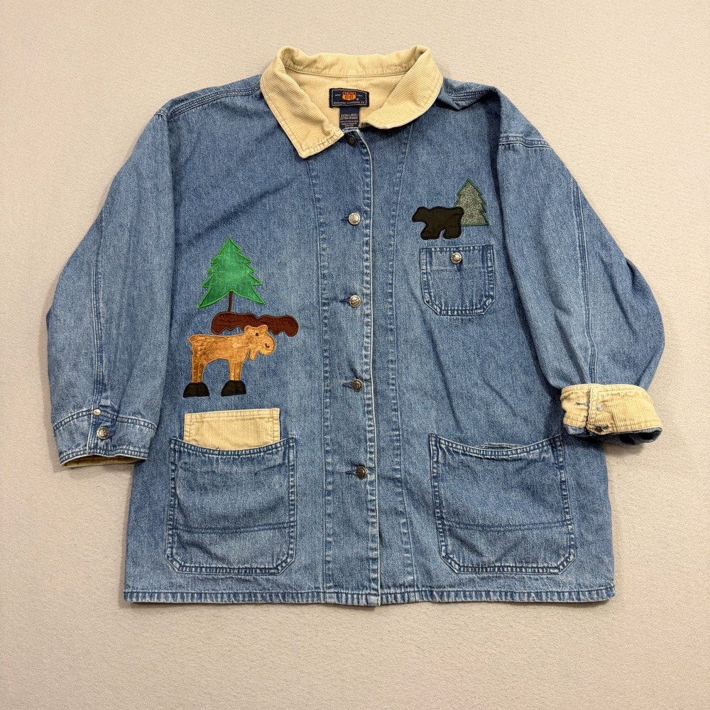 Vintage Route 66 Denim Jacket Women XL Blue Cabin Moose Bear Patchwork Barn Coat